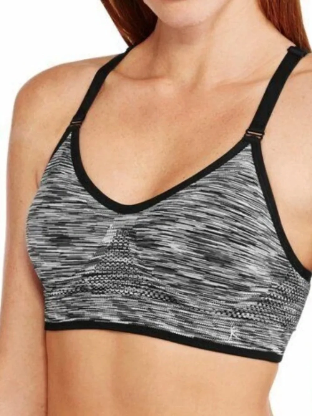 Danskin Seamless Racerback Sports Bra, Grey Black Heather, Ruched Adjustable